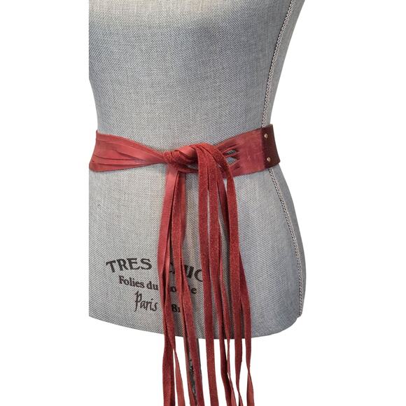 Handmade Red Leather Fringe Tie Belt Boho Hippie Wrap One Size